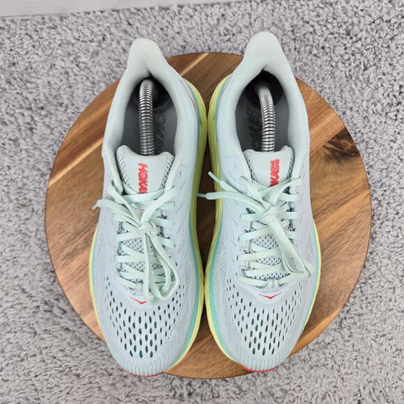 Hoka One One Women 9.5D Wide Clifton 7 Morning Mist Hot Coral Daily Running Shoe - Picture 5 of 13